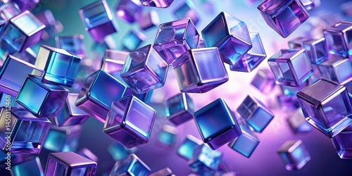 A cluster of translucent glass cubes in shades of blue and purple suspended in mid-air, with gentle concentric rings forming around them , purple, falling objects