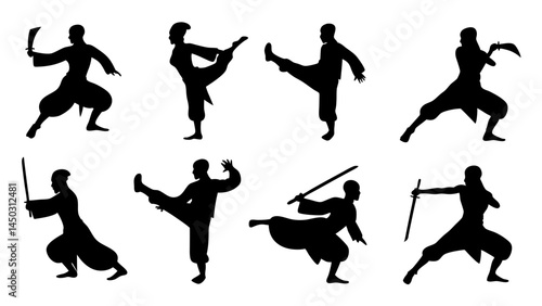 set of kungfu silhouette vector on tranparent background