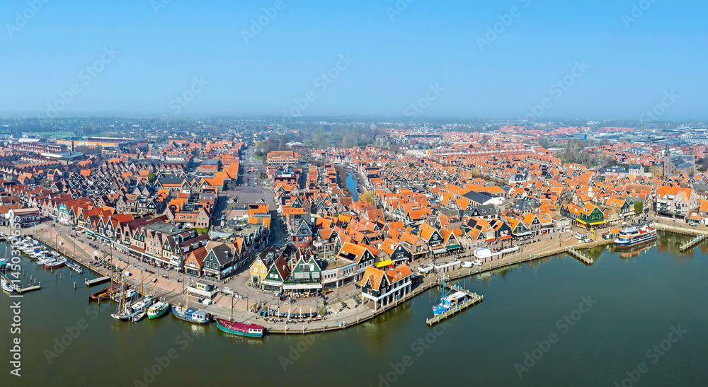 Aerial panorama from the historical town Volendam at the IJsselmeer in the Netherlands