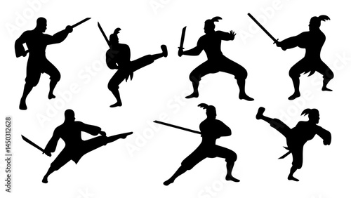 set of kungfu silhouette vector on tranparent background