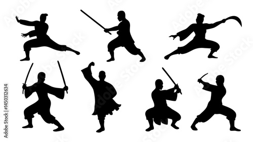 set of kungfu silhouette vector on tranparent background