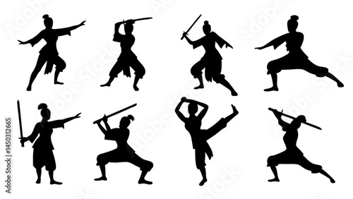 set of kungfu silhouette vector on tranparent background