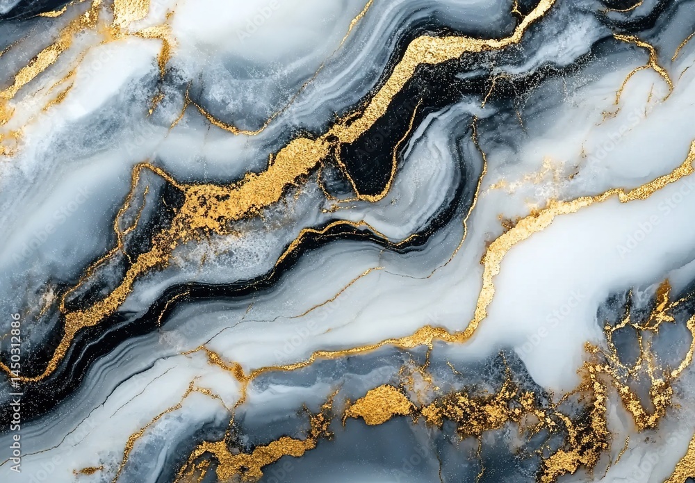 Close-up of black, white, and gold swirling marble texture. Close-up of black, white, and gold swirling marble texture.