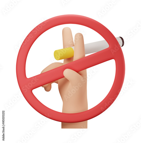 3D No Smoking Symbol with Hand Gesture and Cigarette on Transparent Background for Anti-Tobacco Campaigns
