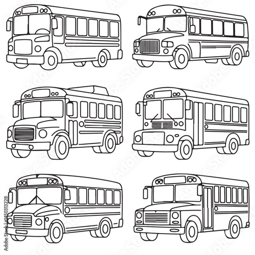 school bus icon outline coloring book page line art vector silhouettes set