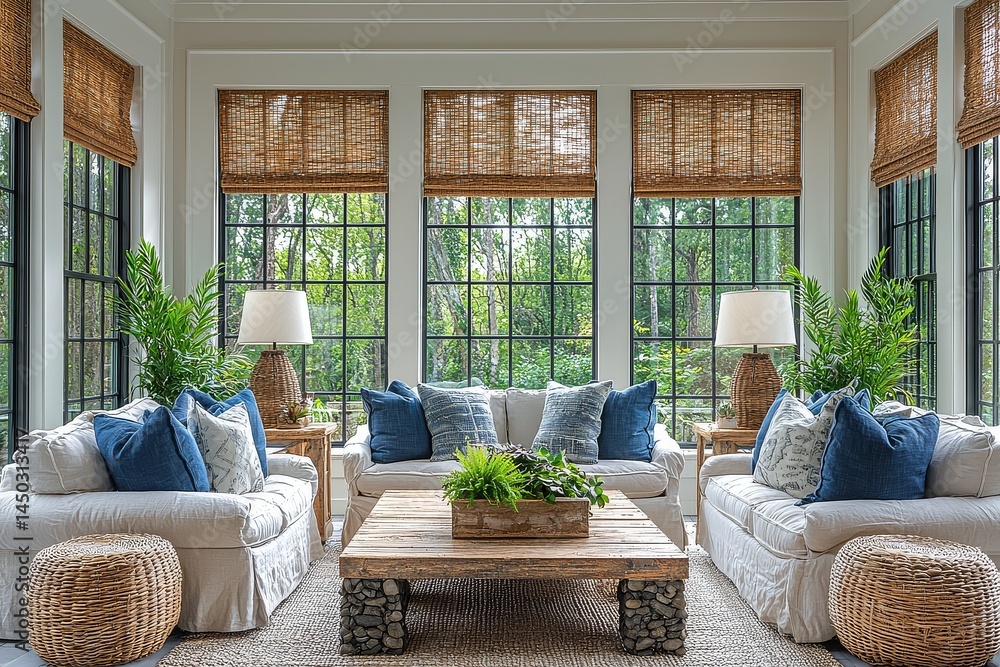 Fototapeta premium Sunroom with large windows, comfortable neutral-toned sofas, wood and stone coffee table, modern farmhouse decor, and warm natural light.