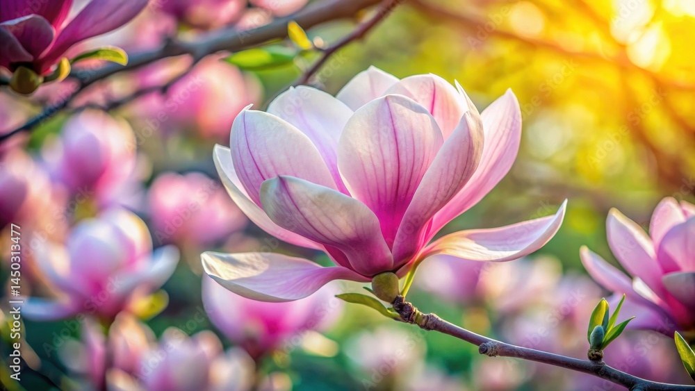 Obraz premium A delicate pink magnolia flower blooms in a vibrant spring garden, its petals unfolding like tiny wings, revealing intricate details and soft hues , delicate, spring flowers