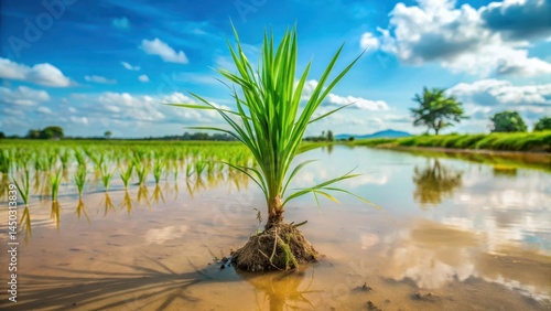 Close-up of a single stalk of tall, healthy rice plant growing in the muddy waters of the Mekong Delta, with roots and leaves stretching out into the water , rural scene, plants