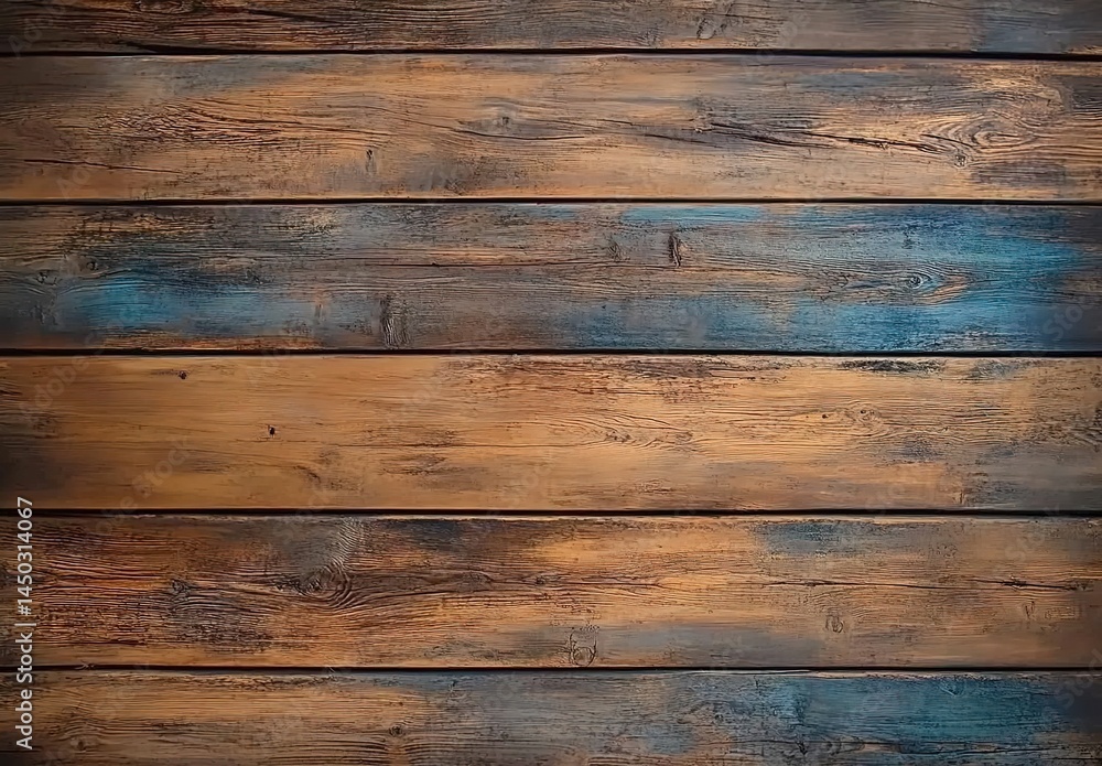 Fototapeta premium Horizontal wooden plank wall with alternating natural and blue-painted sections.