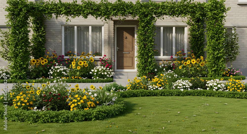 Naklejka premium Charming Home Exterior Enhanced by Lush Floral Arrangements and Greenery Pergola