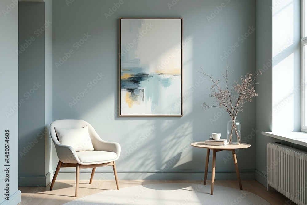Serene room featuring abstract art piece Serene room featuring abstract art piece