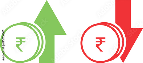 Rising and Falling Rupee Icons Showing Financial Trends