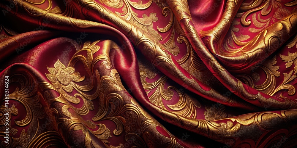 Richly textured luxurious fabric with wavy patterns in shades of red and gold against a deep crimson background, red background, gold accents Richly textured luxurious fabric with wavy patterns in shades of red and gold against a deep crimson background, red background, gold accents