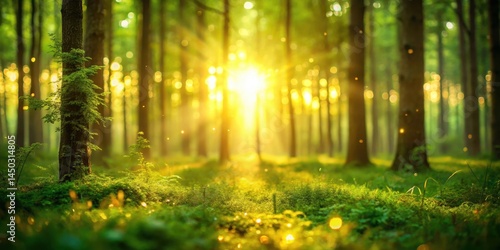 Fototapeta Naklejka Na Ścianę i Meble -  A lush green forest with a golden sun setting behind the trees, causing a soft blur and bokeh effect on the scene