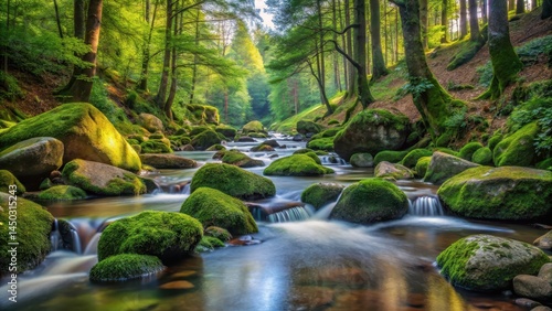 A serene stream flows gently through a rocky landscape with moss-covered boulders and trees surrounding it, creating a peaceful atmosphere, rocky landscape, natural scenery