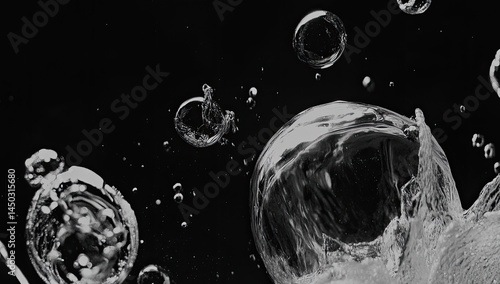 Monochromatic close-up of water droplets and bubbles against a dark background, showcasing dynamic splashing