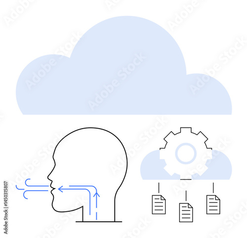 Human head exhaling sound waves, cloud background, gear symbol, and connected documents visualizing voice-to-cloud data processing. Ideal for communication, AI, cloud technology, automation