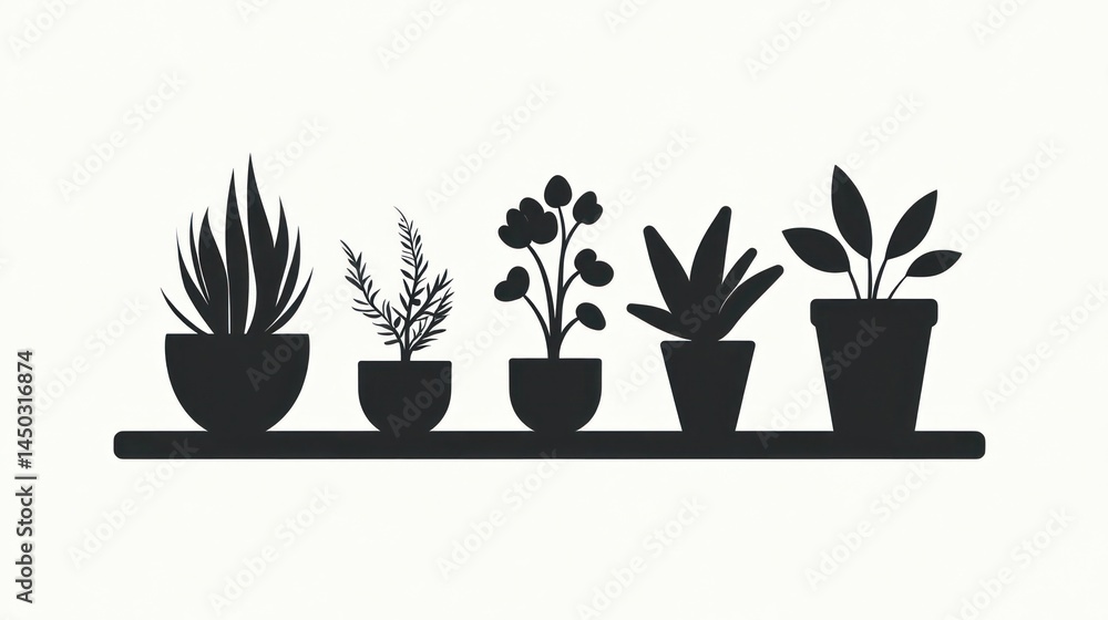 Silhouettes of potted plants on a shelf, interior setting, decorative display, for use in design or education Silhouettes of potted plants on a shelf, interior setting, decorative display, for use in design or education