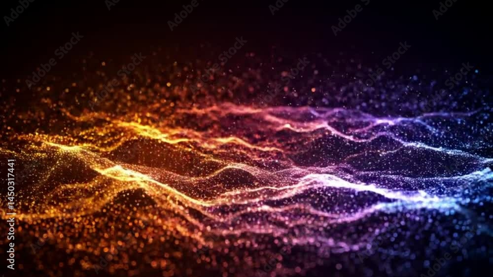 This image shows a vibrant, abstract digital rendering of particles forming undulating waves of orange, purple, and blue hues against a dark background.