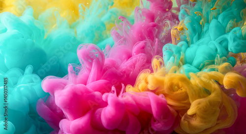 Colorful ink clouds mixing in water creating abstract shapes