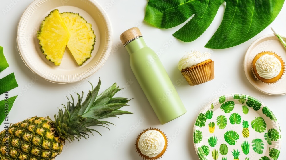 Refreshing Summer Party Setup with Pineapple, Green Bottle, Cupcakes, and Tropical Leaves Refreshing Summer Party Setup with Pineapple, Green Bottle, Cupcakes, and Tropical Leaves