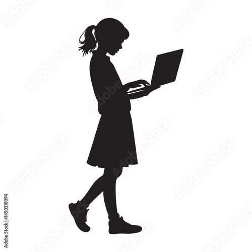 A young girl standing and working on her laptop, A young girl standing and using a laptop emphasizes the contrast between digital engagement and emotional distance. vector silhouette image.