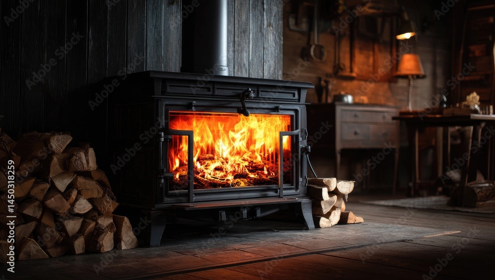 Warm cabin fireplace with wood logs. Burning flames in a black metal stove. Rustic, cozy interior Warm cabin fireplace with wood logs. Burning flames in a black metal stove. Rustic, cozy interior
