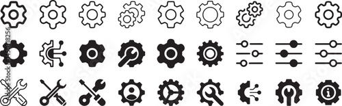 Settings icon set, engine, wheel, engineering, factory, machinery, progress, mechanic, connection, cooperation, development, efficiency, marketing, placard, planning, research, service, simplicity.