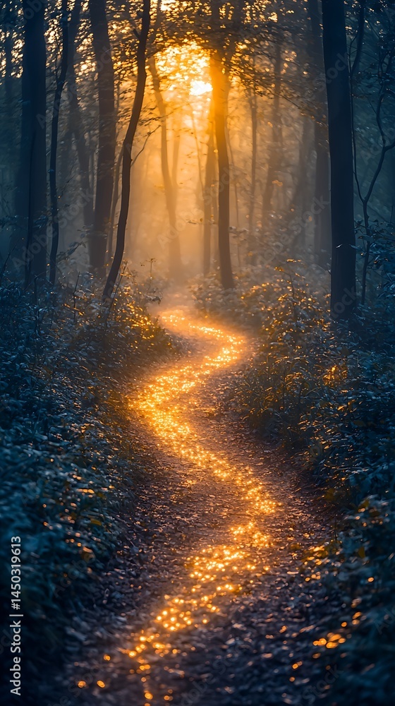 Obraz premium Sunlit path winding through a misty forest