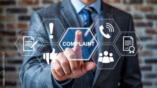 Businessperson interacting with digital complaint interface.