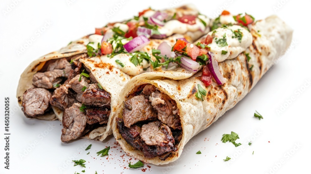 Lamb shawarma with sumac onions and tahini sauce on white background Lamb shawarma with sumac onions and tahini sauce on white background