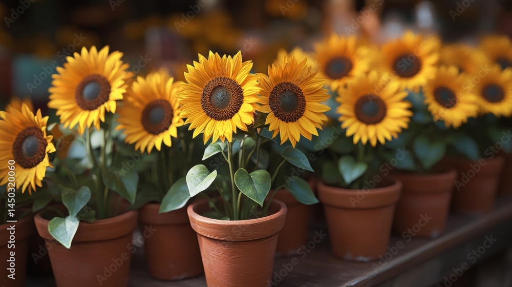 Obraz premium A display of vibrant sunflowers in terracotta pots.
