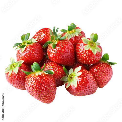 Fresh, plump strawberries in a cluster.  Vibrant red berries with green leafy tops