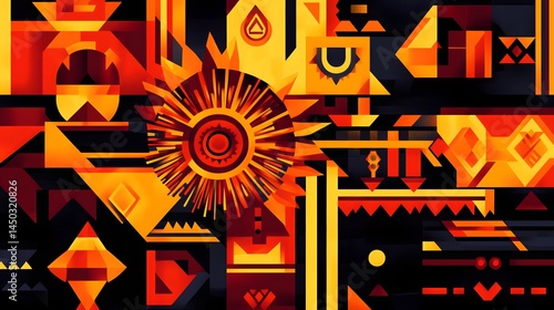Bold, geometric, tribal pattern in orange and black