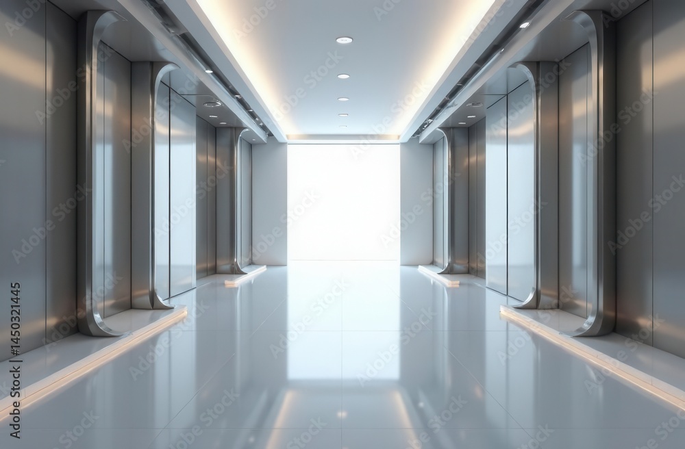 Futuristic metallic hallway with symmetrical design and modern lighting Futuristic metallic hallway with symmetrical design and modern lighting