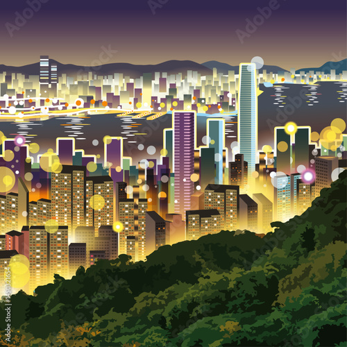 Hong Kong Cityscape at Night with Colorful Lights - Vector Illustration