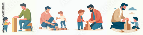 a man and a little boy are playing with wooden blocks style vector flat design