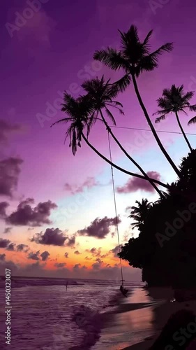 Vibrant purple sunset over tranquil ocean, palm trees silhouette