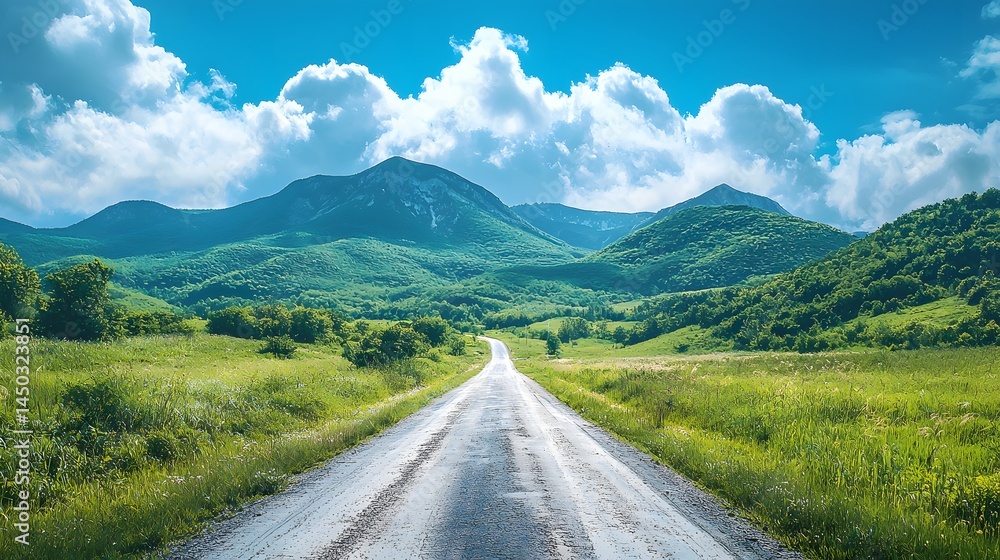 Naklejka premium Natural landscape of green mountains and a winding country road