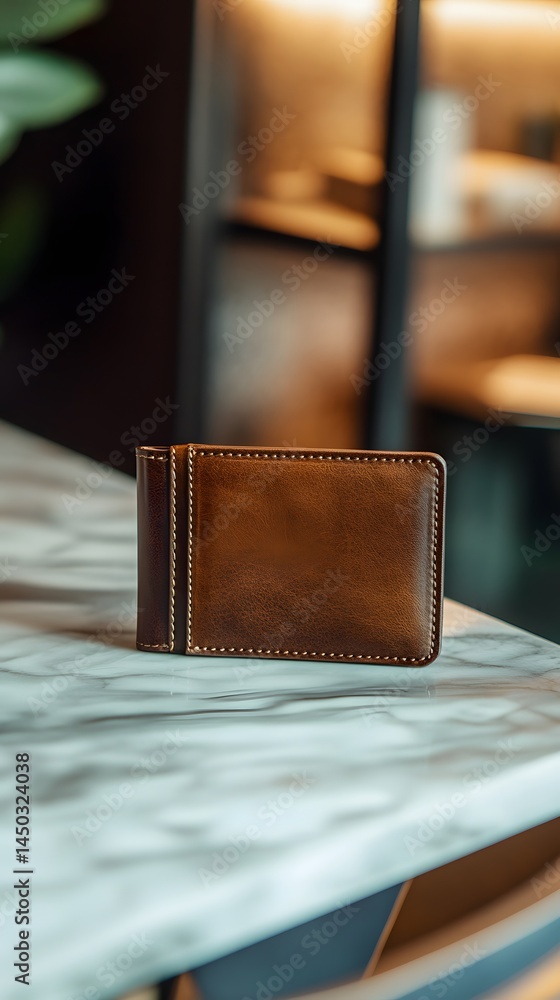 Brown leather wallet on marble surface Brown leather wallet on marble surface