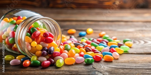 Colorful jelly beans spilling out from a glass jar on a wooden table, tabletop