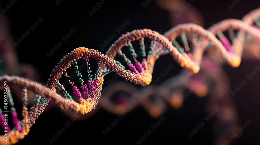 Detailed 3D Render of a DNA Helix Structure Colorful Genetic Code Molecular Biology Detailed 3D Render of a DNA Helix Structure Colorful Genetic Code Molecular Biology