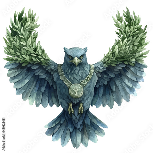 Greek Hoplon With Mythological Symbols, vector watercolor illustration, isolated on a white background.
