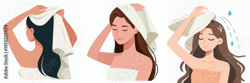a woman is drying her hair with a towel style vector flat design