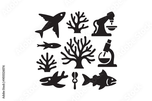 Marine Biology Silhouette Icons Set Ocean Fish, Coral, Microscope Vector Clipart for Science and Education