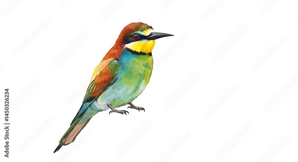 Obraz premium Artistic depiction of vibrant European Bee-eater bird perched against white backdrop