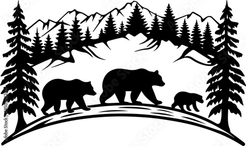 Forest nature view with animal silhouettes, SVG vector with clean lines. Silhouette of Bears Walking Through Forested Mountain Landscape