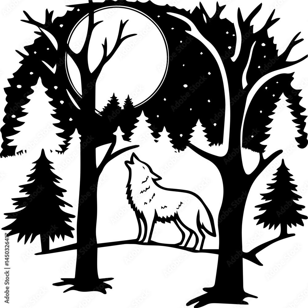 Fototapeta premium Forest nature view with animal silhouettes, SVG vector with clean lines. Howling Wolf Silhouette Under Full Moon in Forest Scene