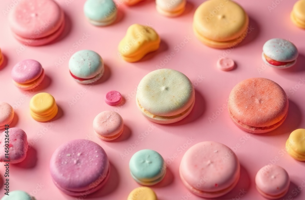 Obraz premium Colorful assortment of pastel macarons on pink background