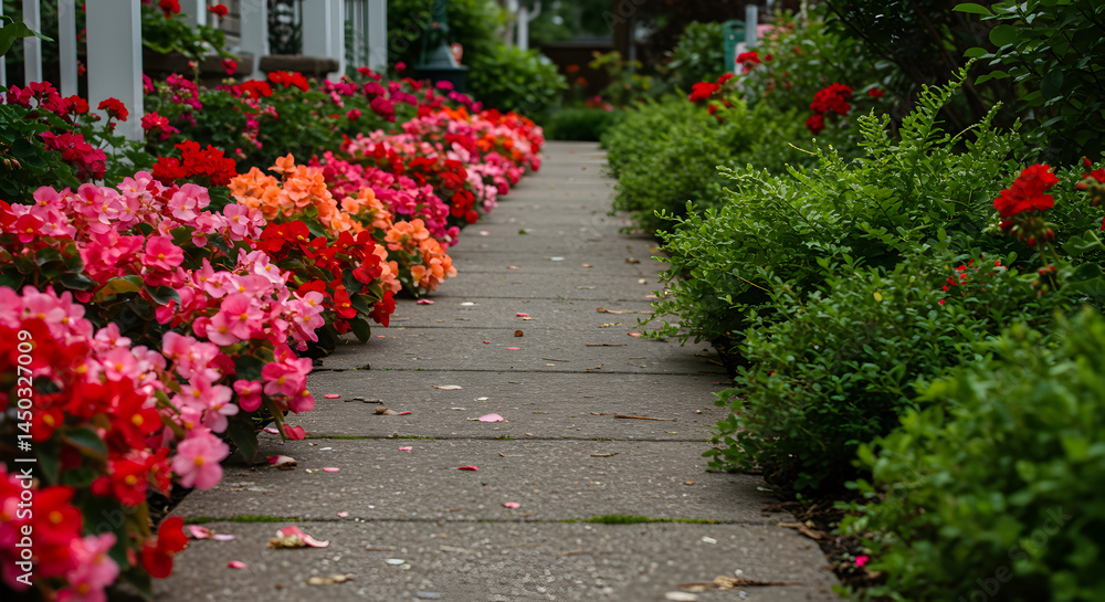 Naklejka premium Pathway Through A Vibrant Floral Bordered Garden During Summer Season